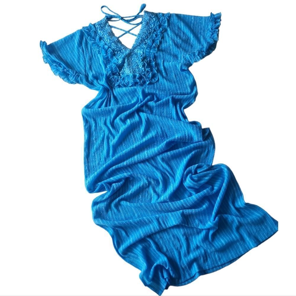 VINTAGE Blue Resort 1970s Gauzy Sheer Ruffle Maxi Dress Coverup Nighty‎ Size S/M